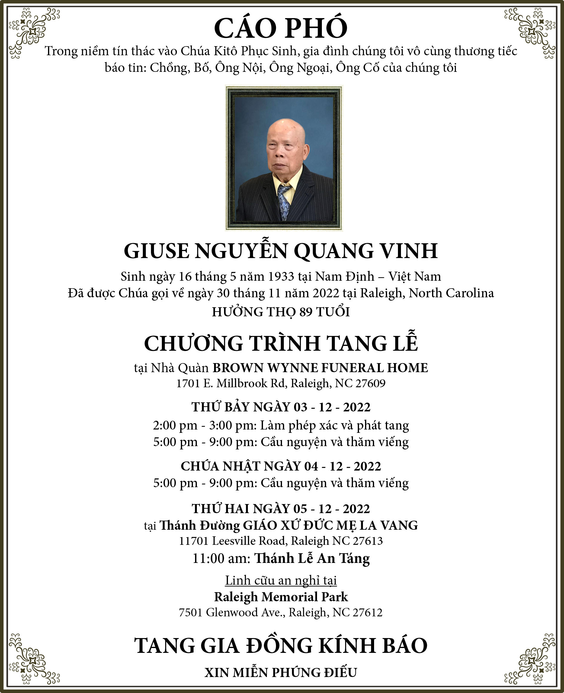 Cáo Phó Giuse Nguyễn Quang Vinh